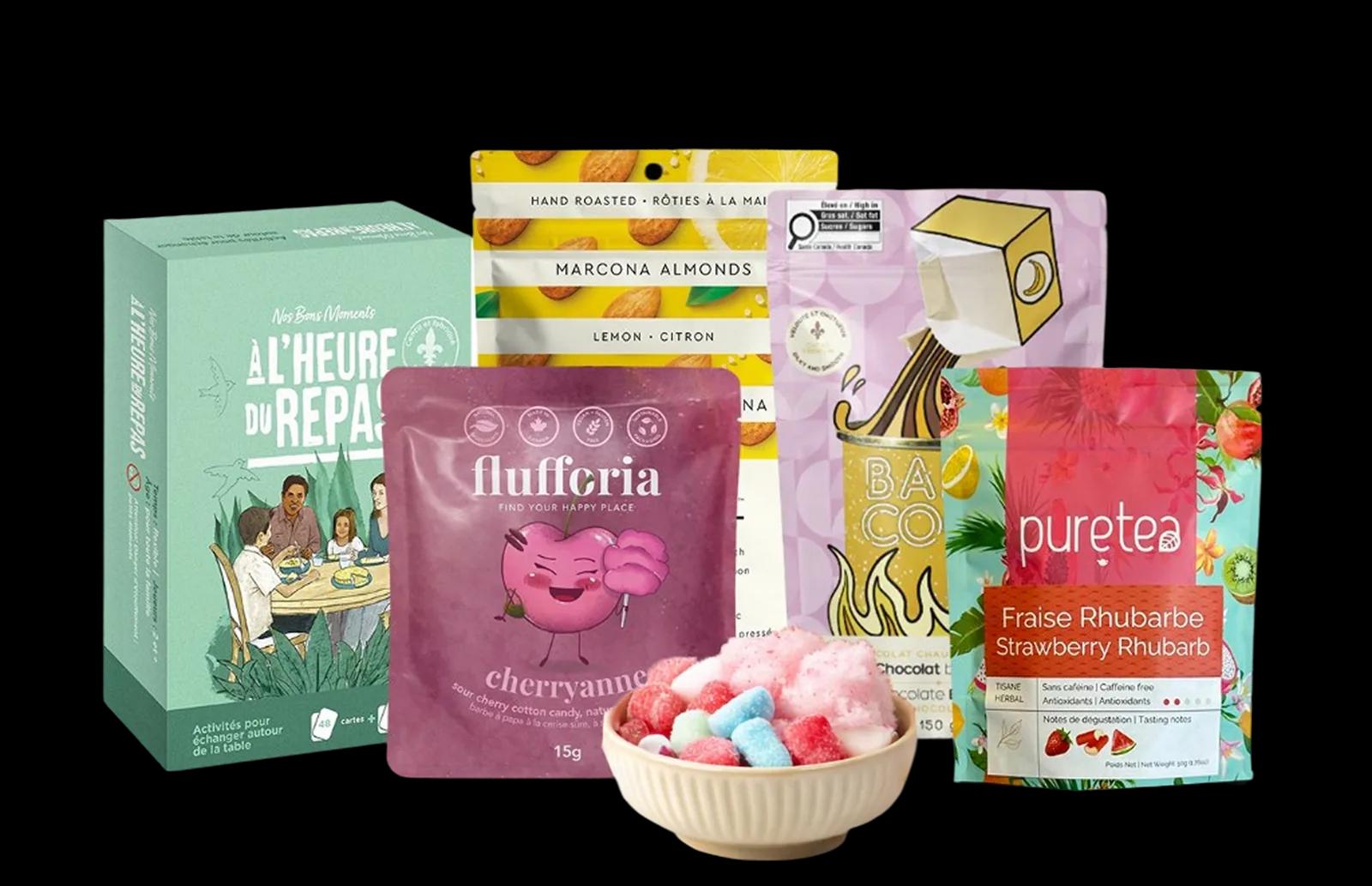 Product showcase — board game, snacks, and hot chocolate